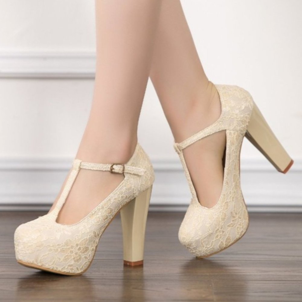 FSJ Ivory Lace Heels T Strap Wedding Shoes Chunky